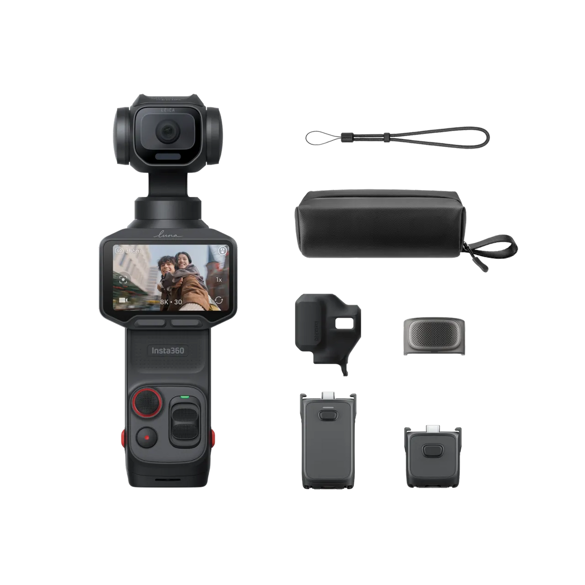 Insta360 handheld gimbal camera shown with multiple accessories arranged on a clean white background, including a wrist strap, protective case, mounting bracket, lens protector, battery, and charger.