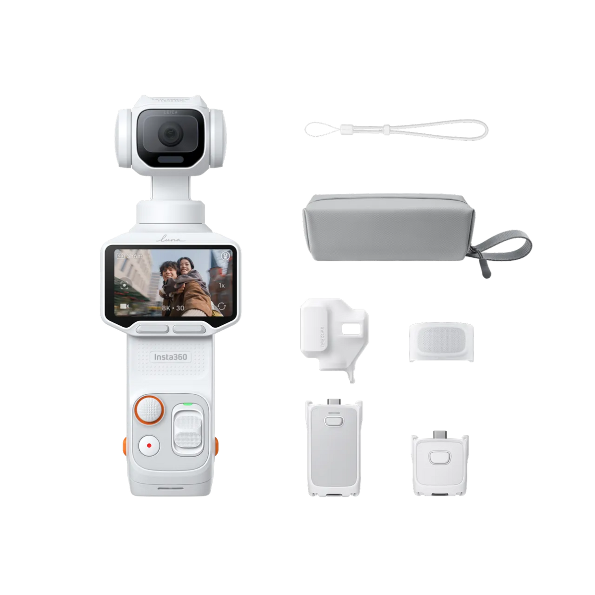 A white Insta360 handheld gimbal camera shown with multiple included accessories on a clean white background, including a wrist strap, hard case, mounting plate, and battery/charger components.
