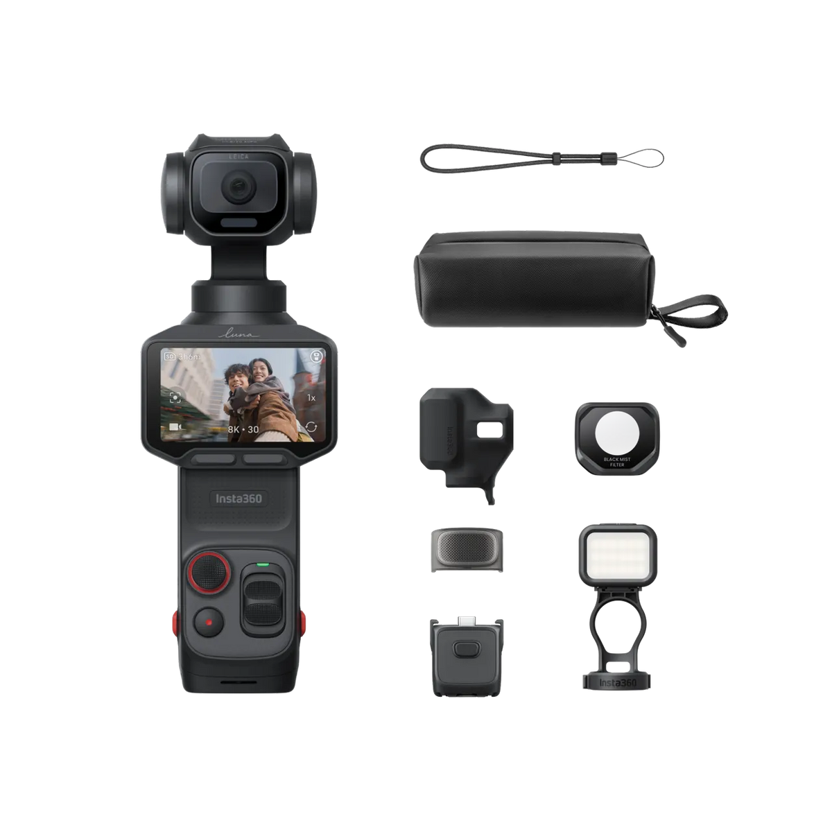 Insta360 handheld gimbal camera shown with multiple included accessories on a clean white background, including a wrist strap, soft case, mounting bracket, battery charger, and light panel.