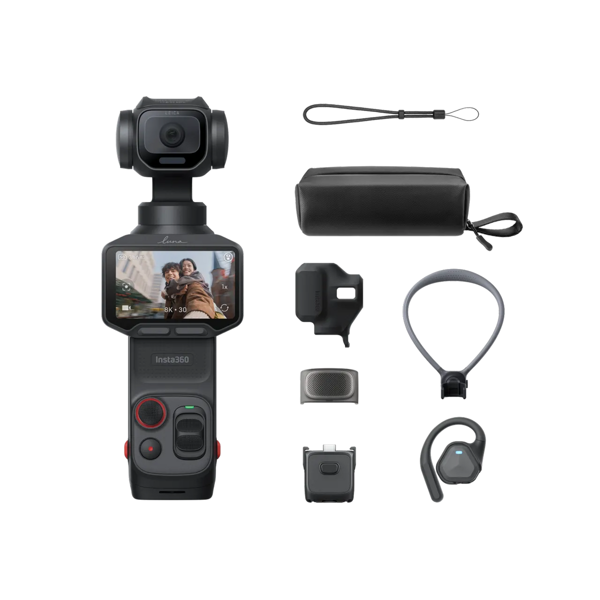 Insta360 handheld gimbal camera shown with multiple accessories on a clean white background, including a wrist strap, hard case, mounting bracket, strap, battery, and earpiece.