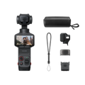 Insta360 handheld action camera shown with multiple included accessories on a clean white background: a black carrying case, wrist strap, mounting bracket, lens protector, battery, and a small adapter. The camera body is black with small red accents and a screen showing a sample photo.