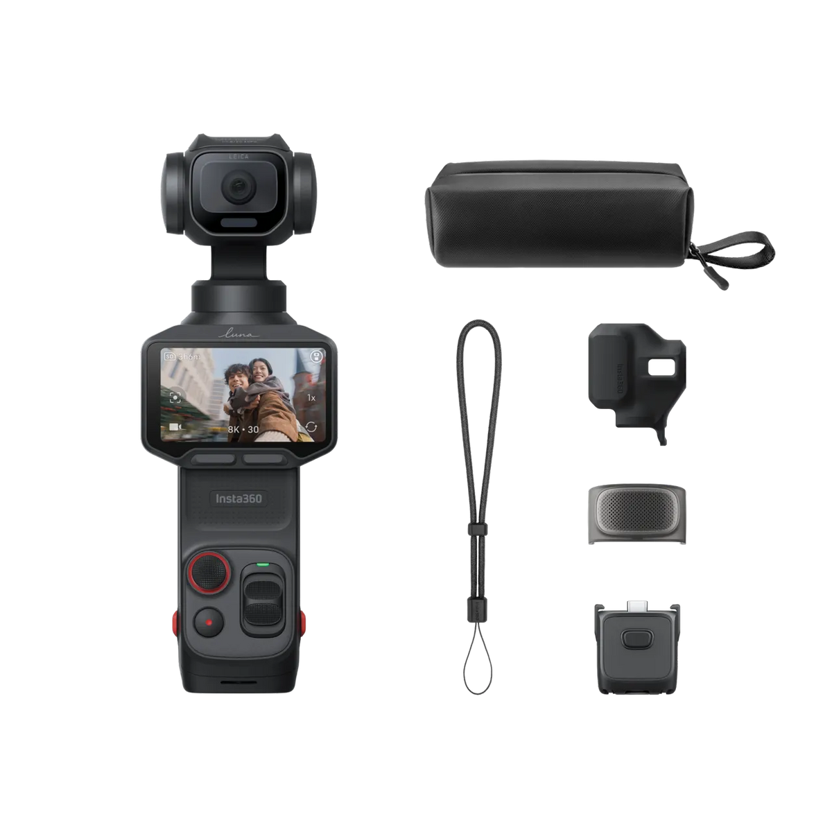 Insta360 handheld action camera shown with multiple included accessories on a clean white background: a black carrying case, wrist strap, mounting bracket, lens protector, battery, and a small adapter. The camera body is black with small red accents and a screen showing a sample photo.