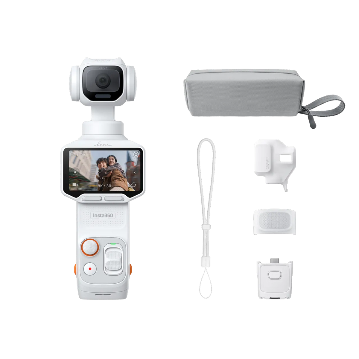 DJI Mini 3RDS camera shown with its accessories on a clean white background, including a gray zippered pouch, a white wrist strap, a white mounting bracket, a white protective cover, and a white battery connector.