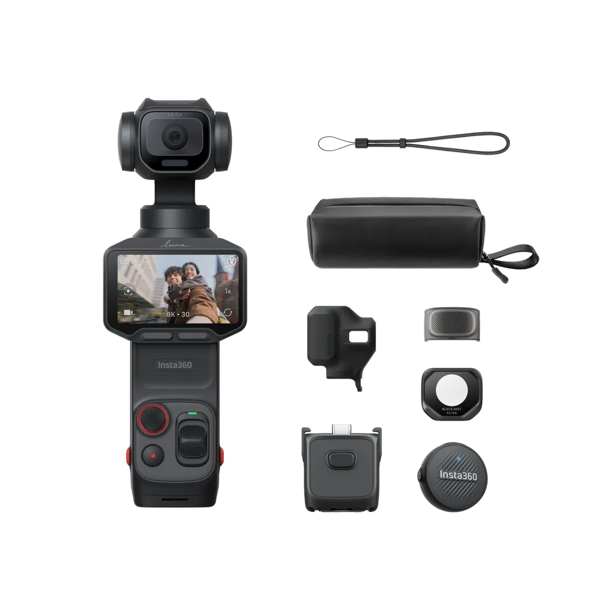 Insta360 handheld gimbal camera shown with multiple included accessories on a clean white background, including a wrist strap, protective case, mounting bracket, lens protector, and other small accessories.