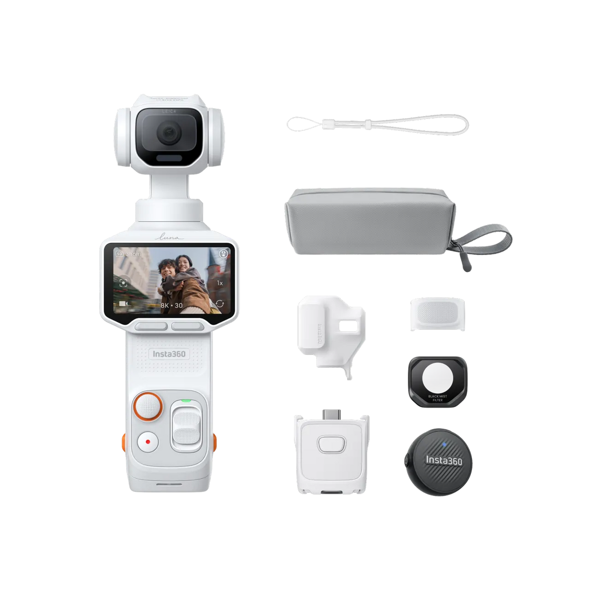 Insta360 handheld action camera shown with multiple included accessories on a clean white background, including a gray zip case, strap, mounting pieces, and a round lens protector.