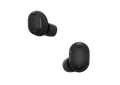 Black Sony wireless earbuds on a white background