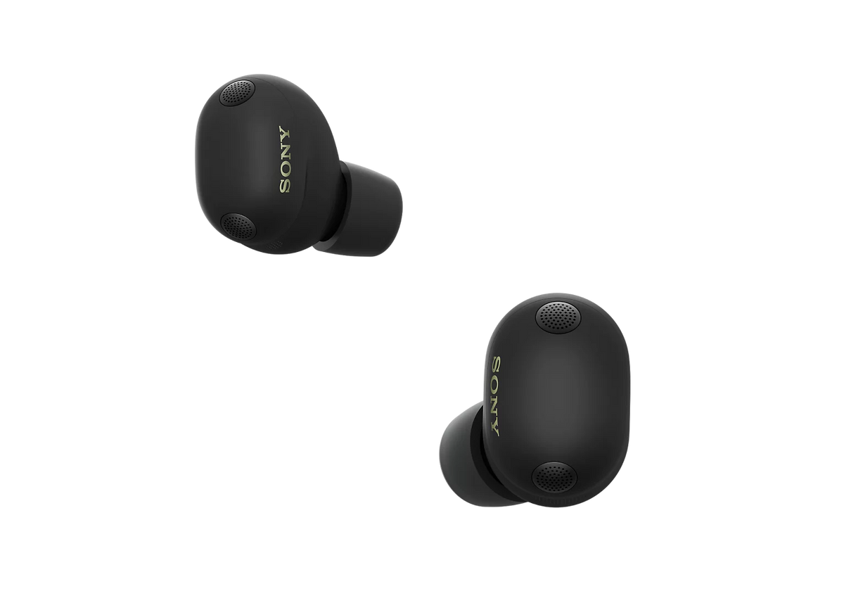 Black Sony wireless earbuds on a white background