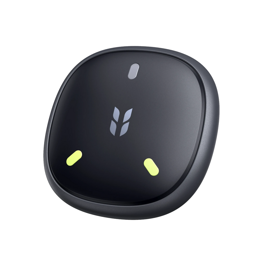 Black oval device with a logo on a white background