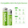 Two green and white rechargeable lithium batteries shown on a white background with the text 'Compatible With Multiple Devices' and usage icons for daily and other uses.