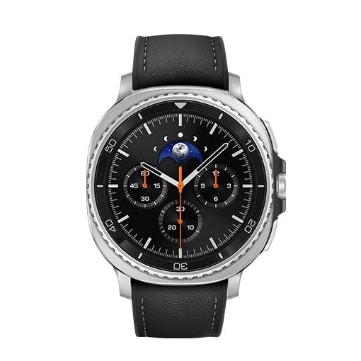 Smartwatch with a black leather strap on a white background