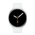 A white smartwatch with a round black analog-style digital display, centered on a plain white background.