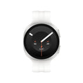 A white smartwatch with a round black display showing a minimalist analog watch face, centered on a solid white background.
