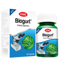 FAME Biogurt Probiotic supplement shown with a green bottle and two white and blue boxes on a plain white background.