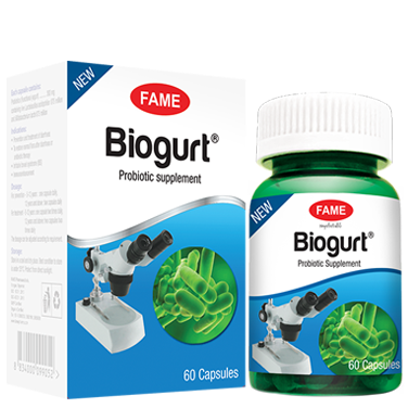 FAME Biogurt Probiotic supplement shown with a green bottle and two white and blue boxes on a plain white background.