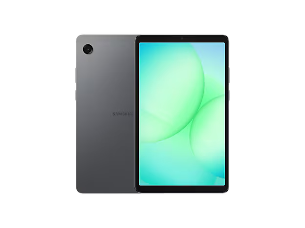 Samsung tablet with a green and blue gradient screen on a white background